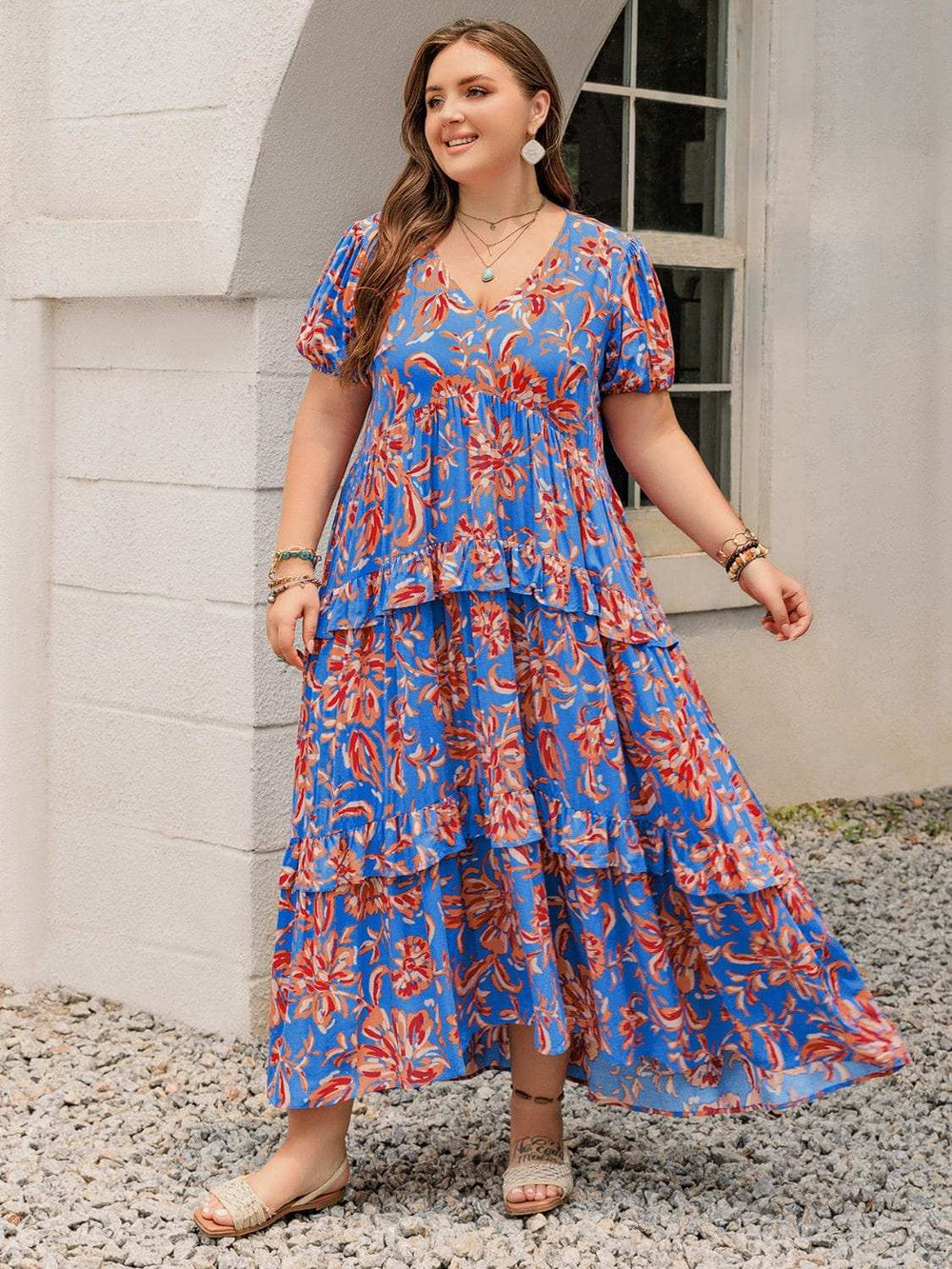Plus Size Ruffled Printed V-Neck Short Sleeve Maxi Dress - Trendsi - Flyclothing LLC