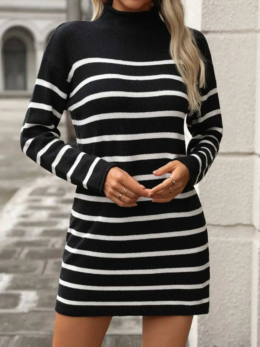 Striped Mock Neck Long Sleeve Mini Dress - Trendsi - Flyclothing LLC