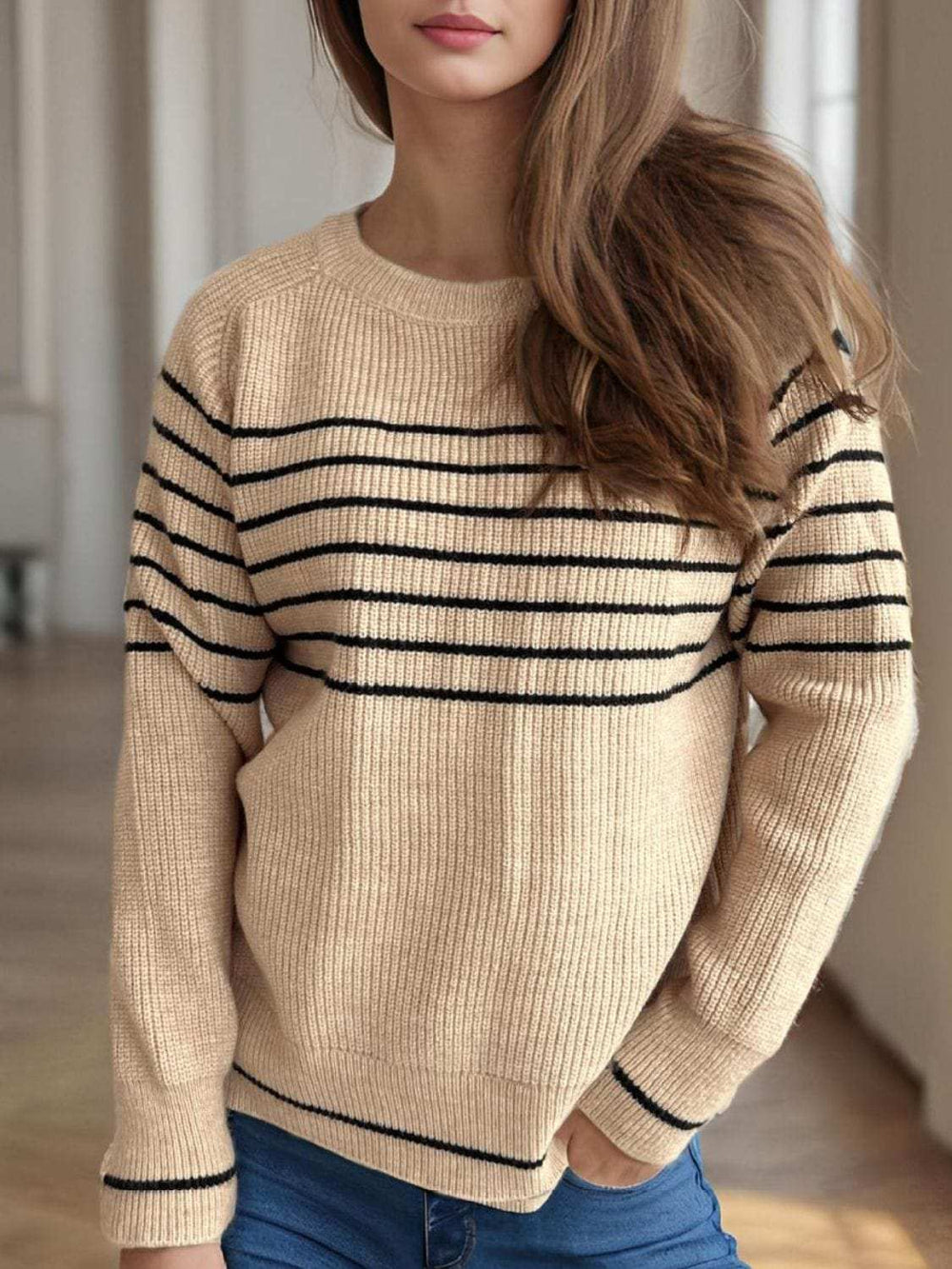 Striped Round Neck Long Sleeve Sweater - Trendsi - Flyclothing LLC