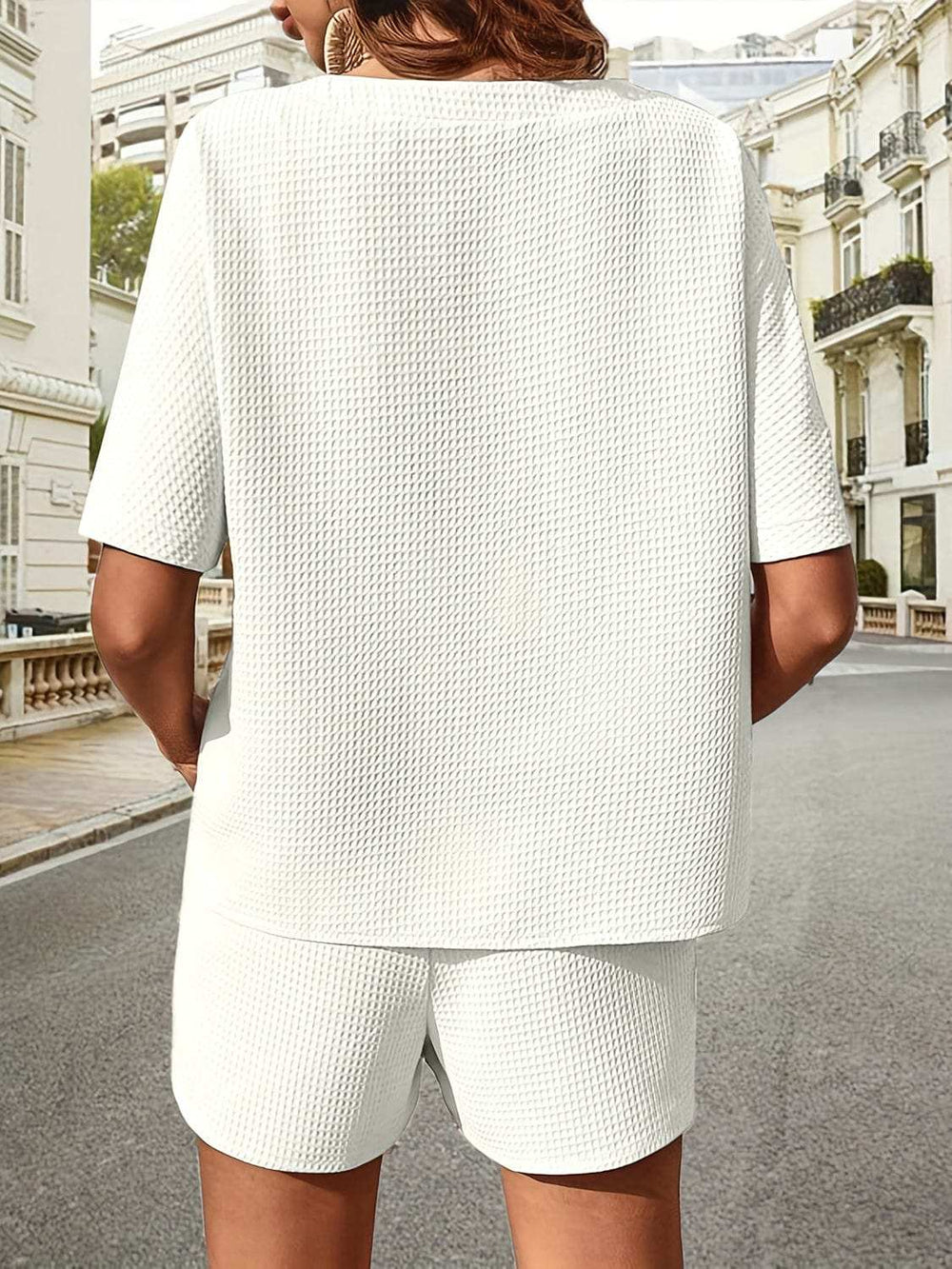 Waffle-Knit Half Sleeve Top and Shorts Set - Trendsi - Flyclothing LLC
