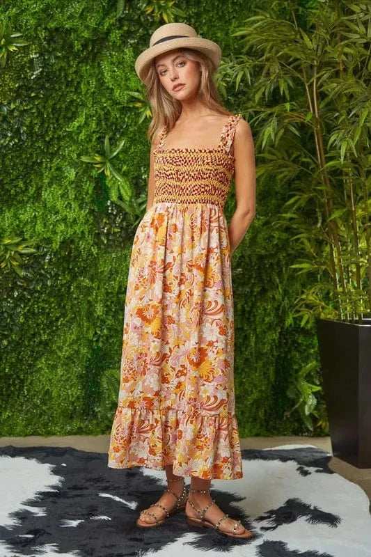 Davi & Dani Multi Smocked Bodice Geo Ruffle Strappy Midi Dress - Trendsi - Flyclothing LLC