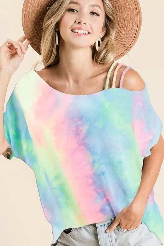 BiBi Tie Dye French Terry Strapped One Shoulder Top - Trendsi - Flyclothing LLC