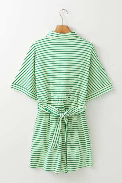 Striped Half Sleeve Tie Waist Romper - Trendsi - Flyclothing LLC