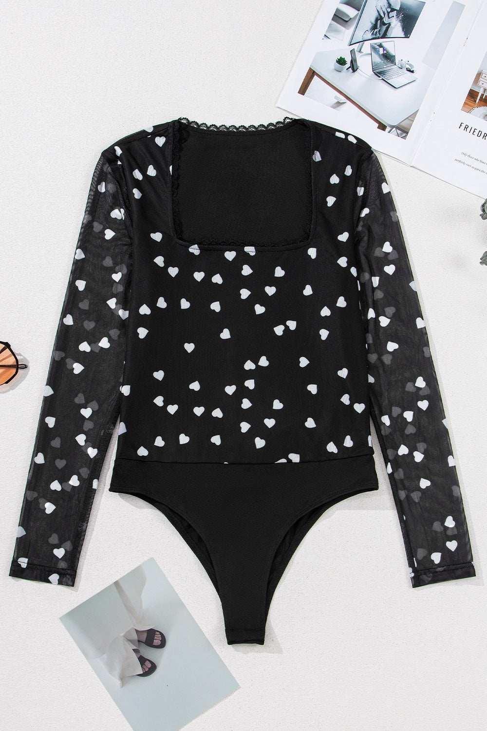 Heart Square Neck Long Sleeve Bodysuit - Trendsi - Flyclothing LLC
