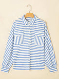 Stripe Half Button Collared Chest Pockets Loose Fit Blouse - Trendsi - Flyclothing LLC