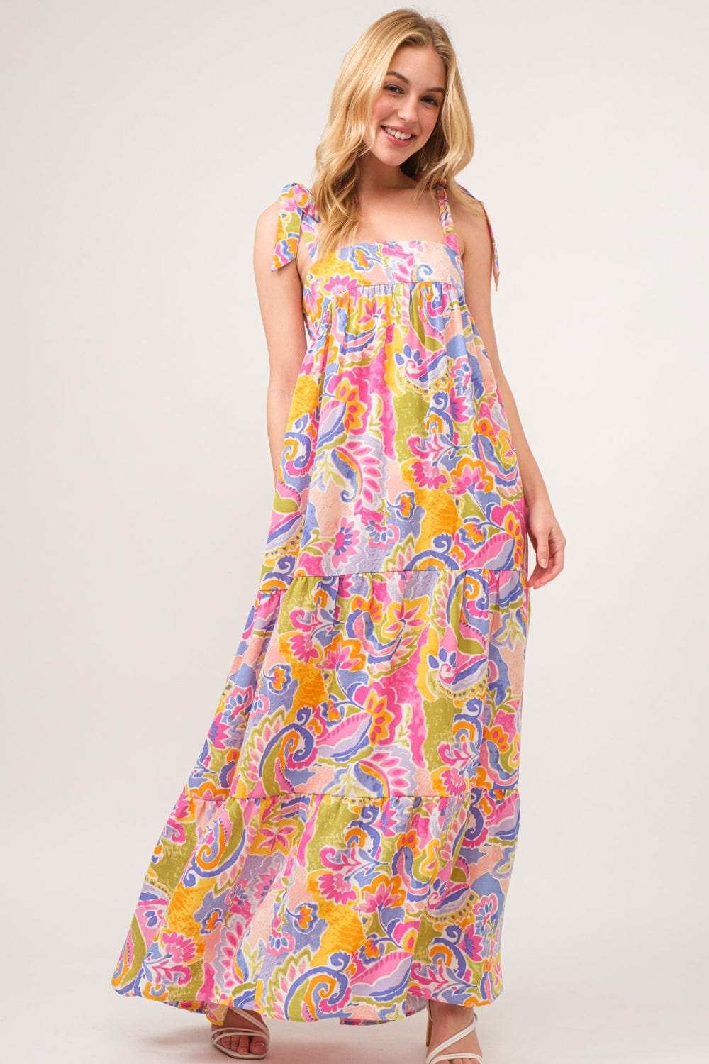 And The Why Full Size Printed Tie Shoulder Tiered Maxi Dress - Trendsi - Flyclothing LLC