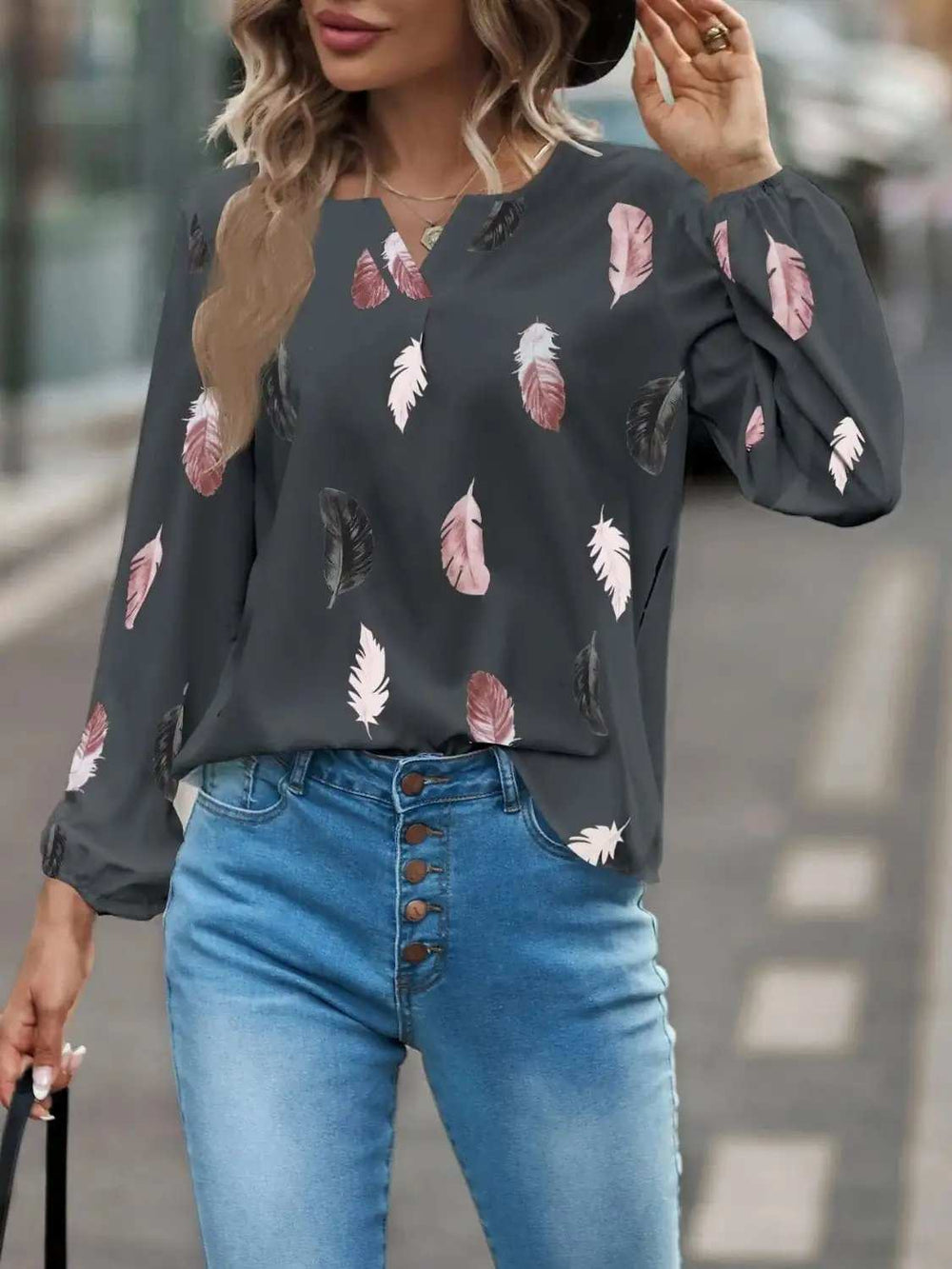 Feather Print Notched Balloon Sleeve Top - Trendsi - Flyclothing LLC