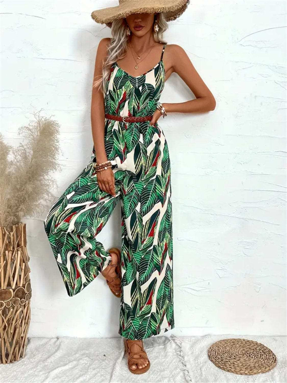 Tropical Print Spaghetti Strap Wide Leg Jumpsuit - Trendsi - Flyclothing LLC