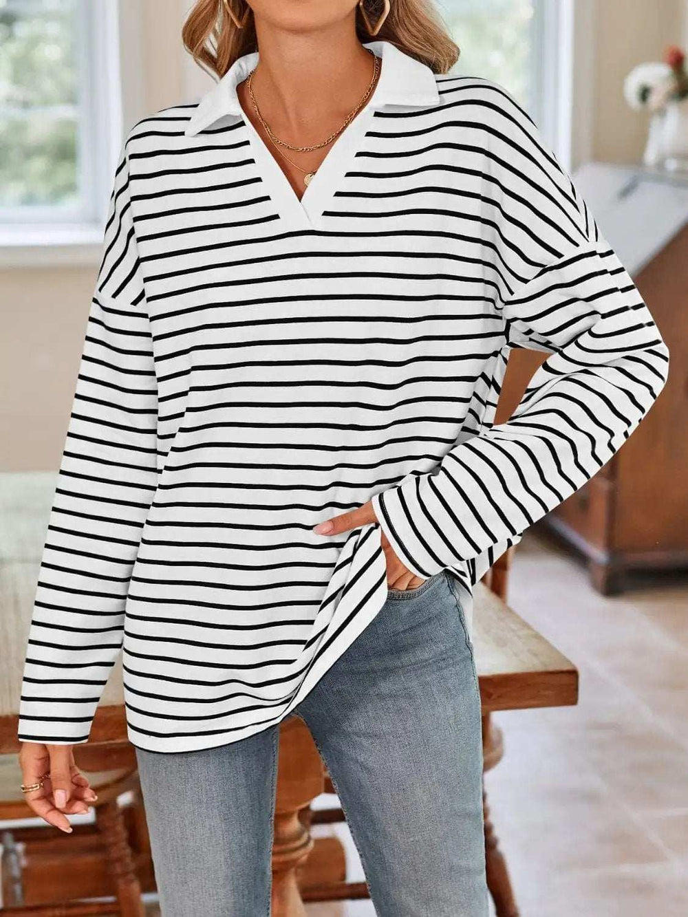 Striped Johnny Collar Long Sleeve T-Shirt - Trendsi - Flyclothing LLC