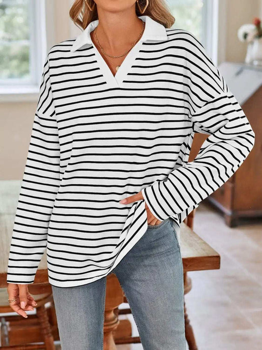 Striped Johnny Collar Long Sleeve T-Shirt - Trendsi - Flyclothing LLC