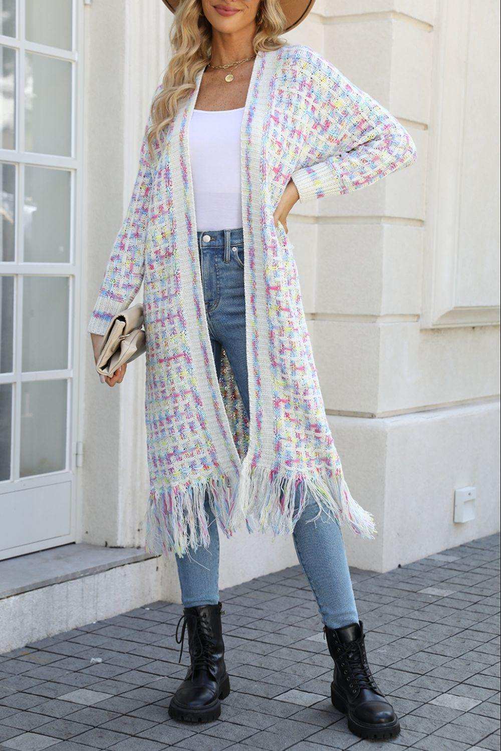 Multicolored Open Front Fringe Hem Cardigan - Trendsi - Flyclothing LLC