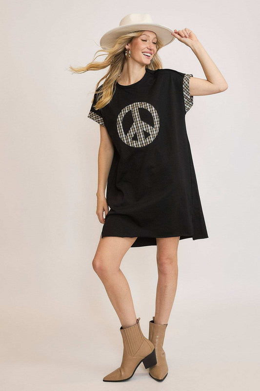 Umgee Peace Plaid Applique Short Sleeve Mini Dress - Trendsi - Flyclothing LLC