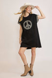 Umgee Peace Plaid Applique Short Sleeve Mini Dress - Trendsi - Flyclothing LLC