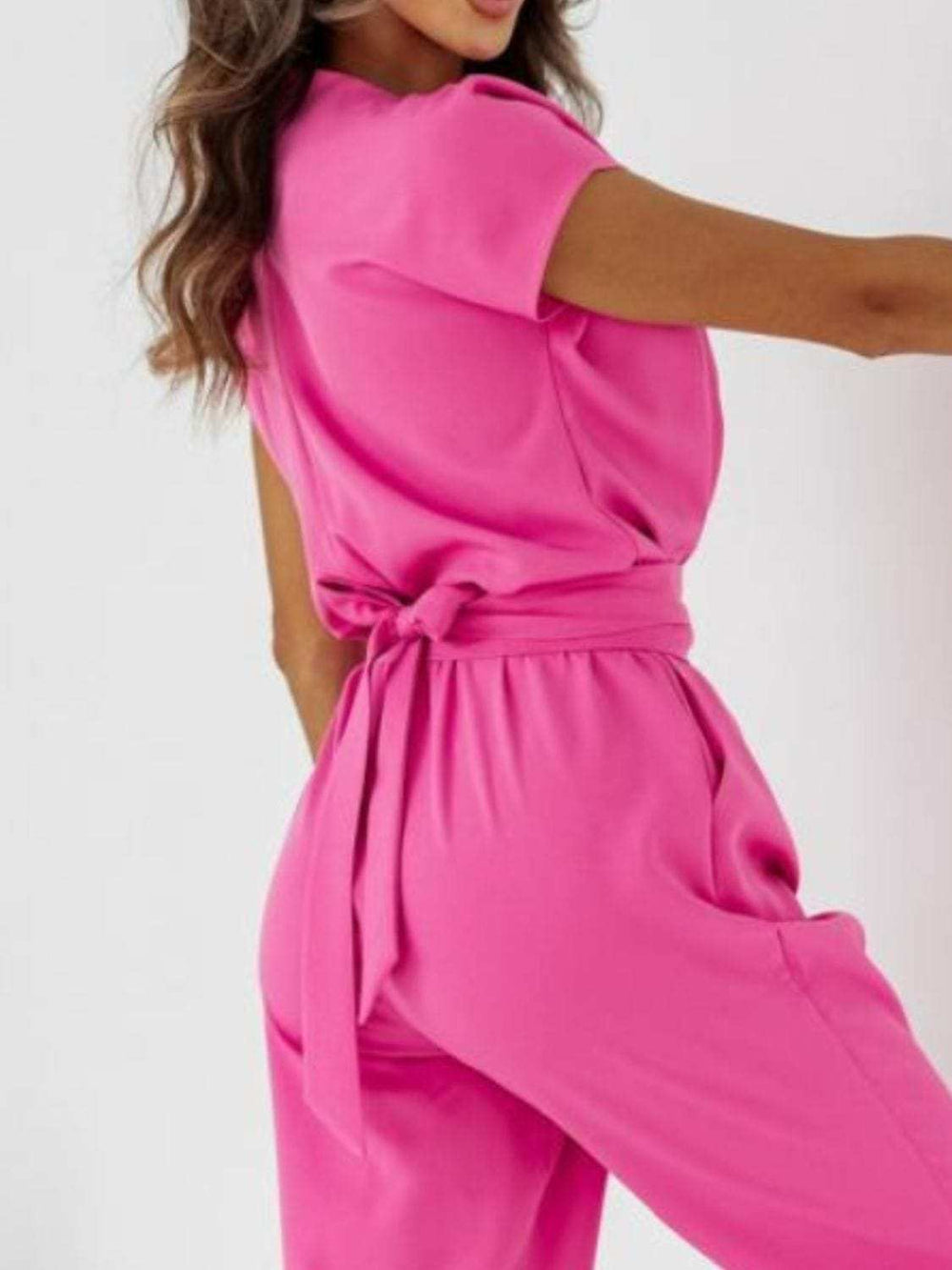 Surplice Cap Sleeve Tie Waist Jumpsuit - Trendsi - Flyclothing LLC