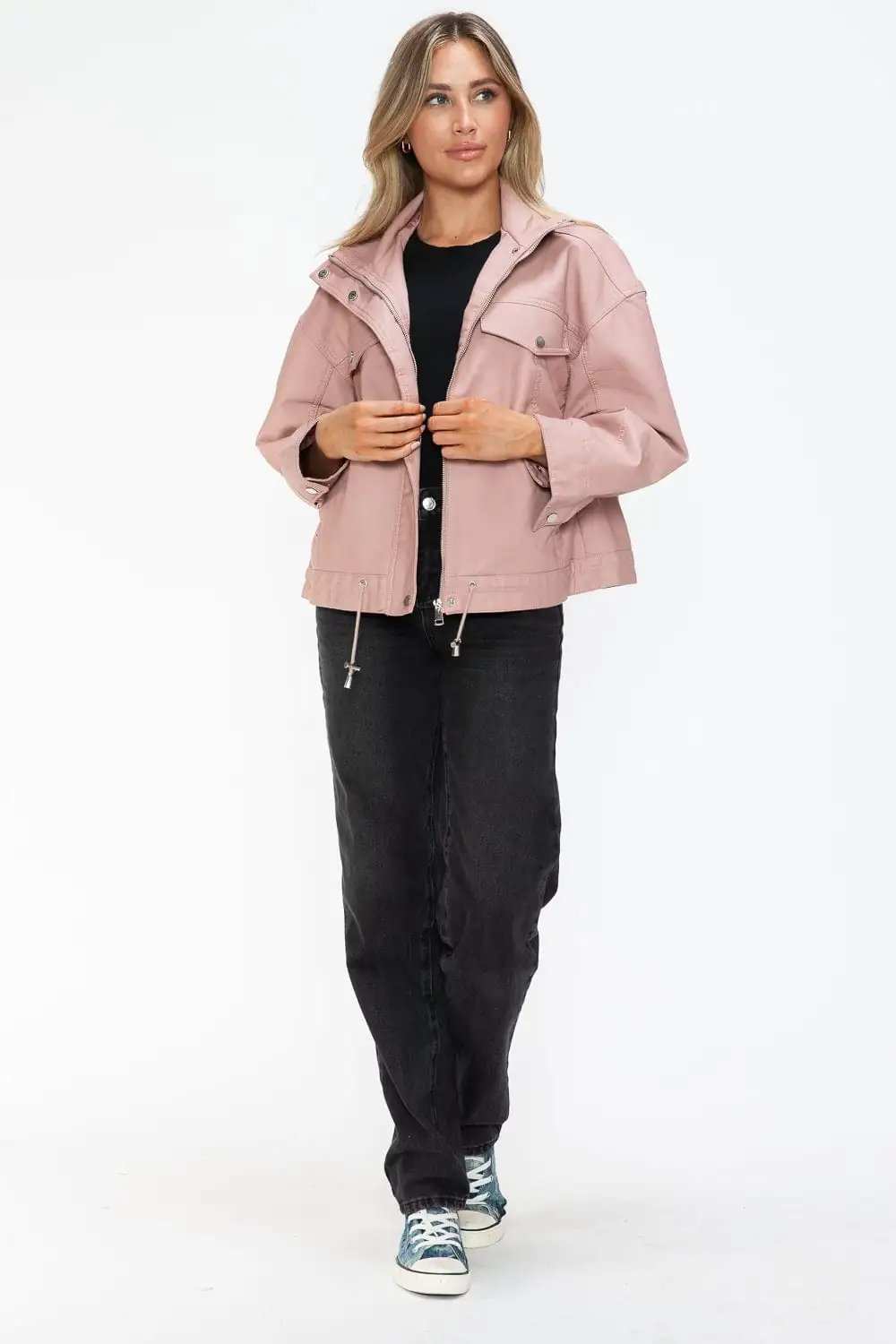 How Dare U Drawstring Hem PU Leather Zip Up Jacket - Trendsi - Flyclothing LLC