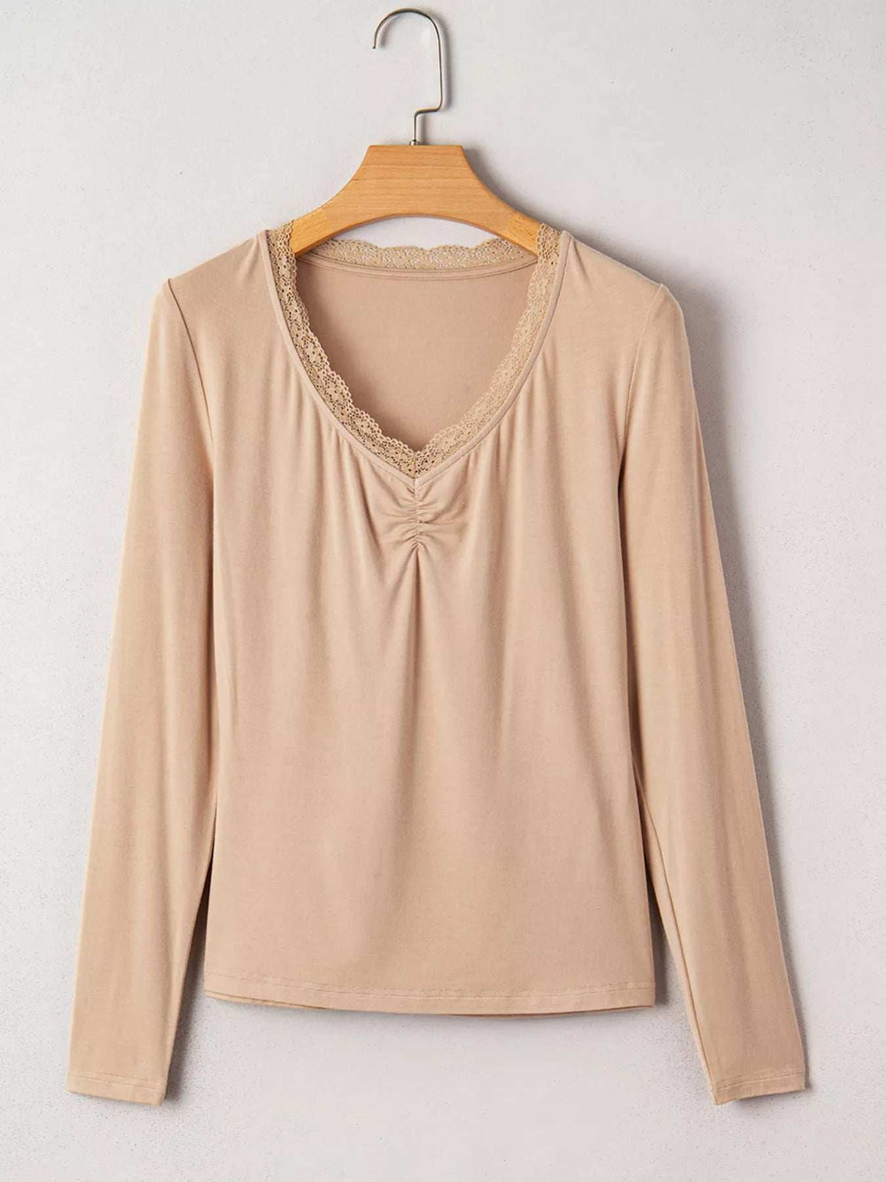 Lace-Trimmed Ruched Detail Long Sleeve T-Shirt - Trendsi - Flyclothing LLC