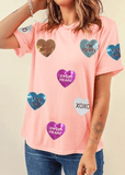 Valentine’s Day Sequin Heart Round Neck Short Sleeve T-Shirt - Trendsi - Flyclothing LLC