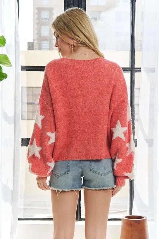 ADORA Full Size Star Contrast Round Neck Sweater Plus Size - Trendsi - Flyclothing LLC