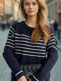 Striped Round Neck Long Sleeve Sweater - Trendsi - Flyclothing LLC