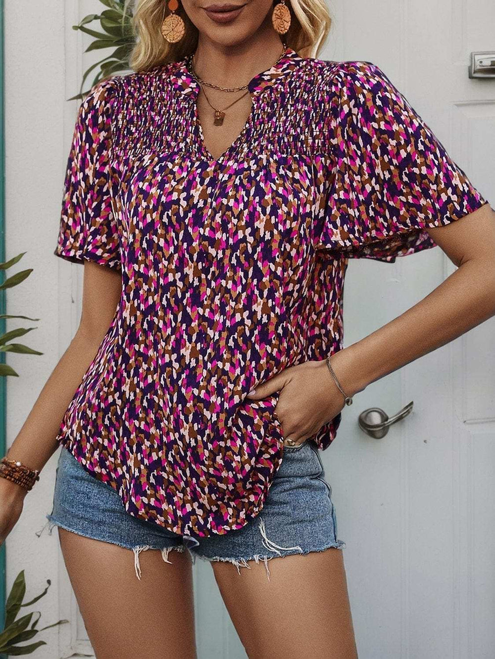 Printed Notched Flutter Sleeve Blouse - Trendsi - Flyclothing LLC