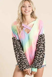 BiBi Tie Dye Terry Top with Leopard Puff Sleeves - Trendsi - Flyclothing LLC