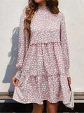 Frill Printed Mock Neck Long Sleeve Mini Dress - Trendsi - Flyclothing LLC