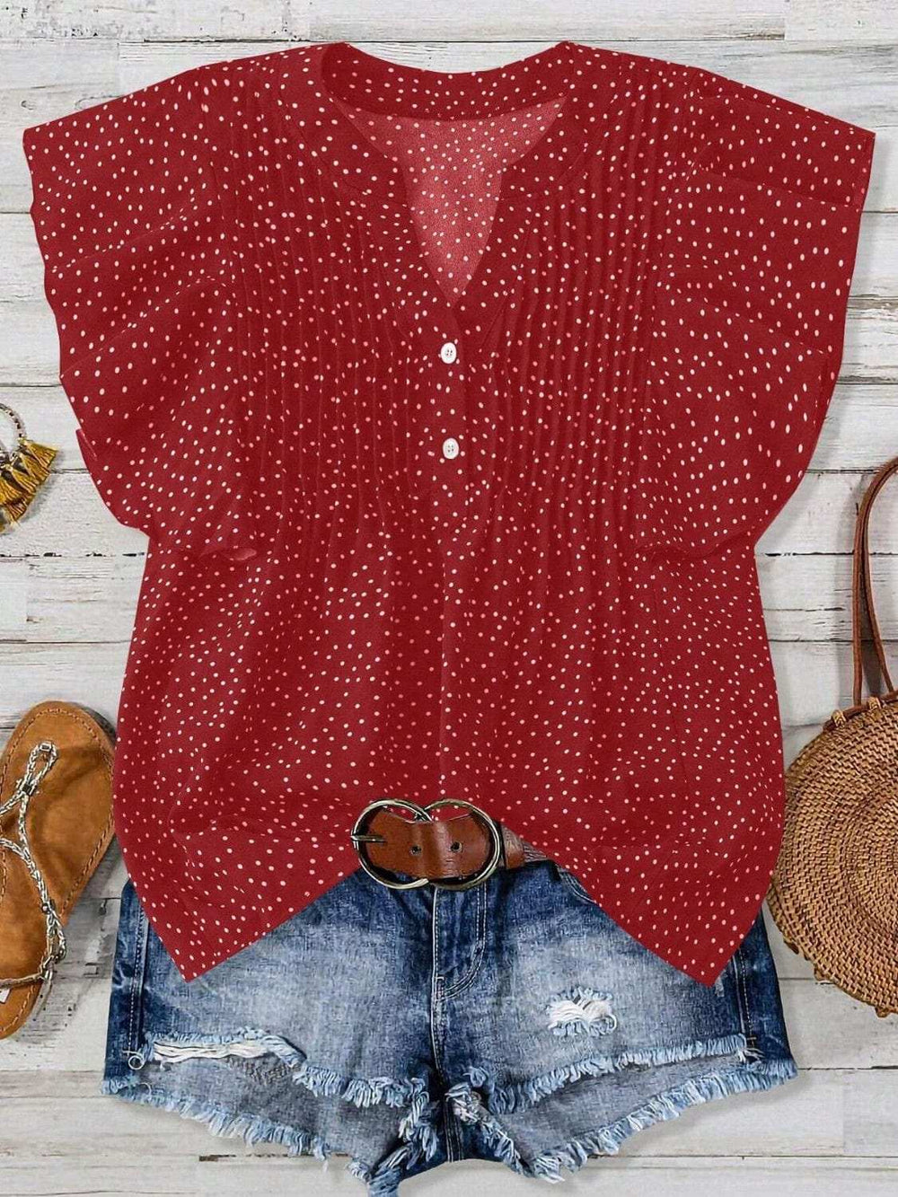 Polka Dot Notched Ruffled Cap Sleeve Blouse - Trendsi - Flyclothing LLC