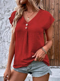 Decorative Button V-Neck Short Sleeve Blouse - Trendsi - Flyclothing LLC