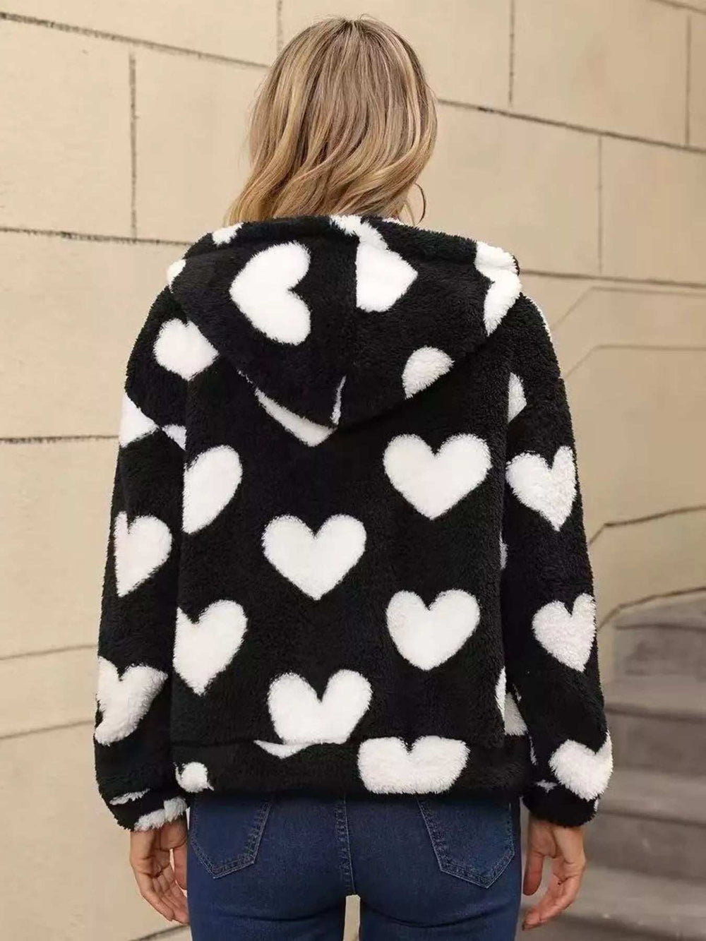 Heart Fuzzy Fleece Zip-Up Outerwear - Trendsi - Flyclothing LLC