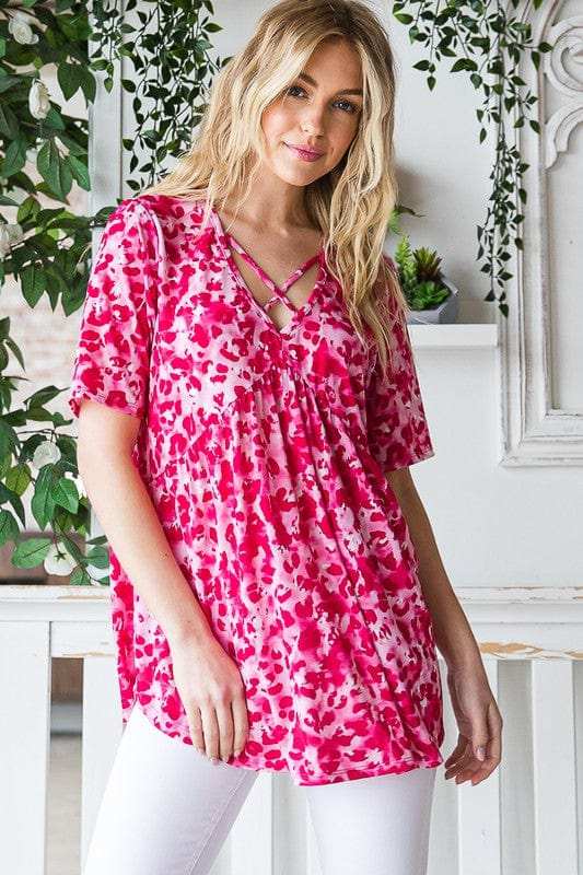 Heimish Full Size Short Sleeve Crisscross Animal Babydoll Top Plus Size - Trendsi - Flyclothing LLC
