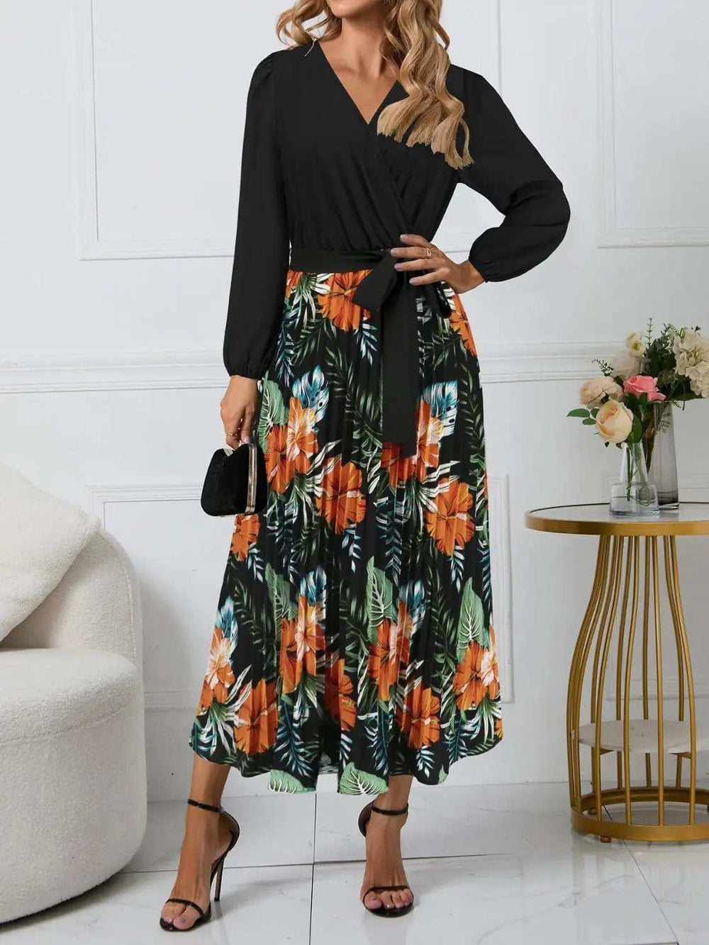 Pleated Printed Surplice Long Sleeve Dress - Trendsi - Flyclothing LLC
