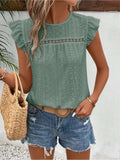 Eyelet Round Neck Cap Sleeve Top - Trendsi - Flyclothing LLC