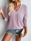 Double Take Pocketed Textured V-Neck Long Sleeve T-Shirt - Trendsi - Flyclothing LLC