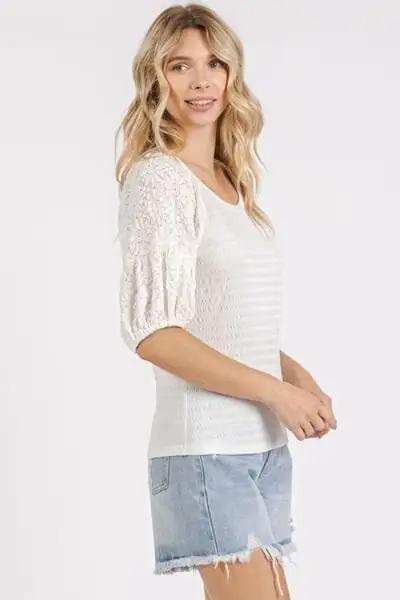 Mittoshop Mixed Media Textured Knit Popcorn Puff Sleeve Blouse - Trendsi - Flyclothing LLC