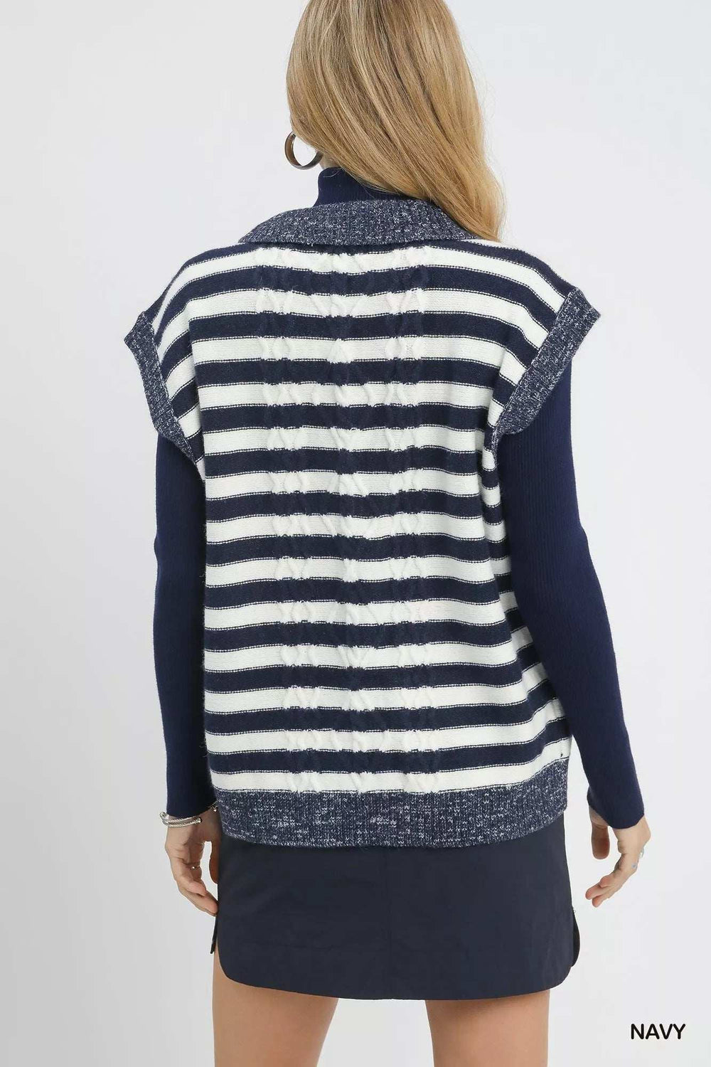 Umgee Cable Knit Collared Striped Vest Sweater - Trendsi - Flyclothing LLC