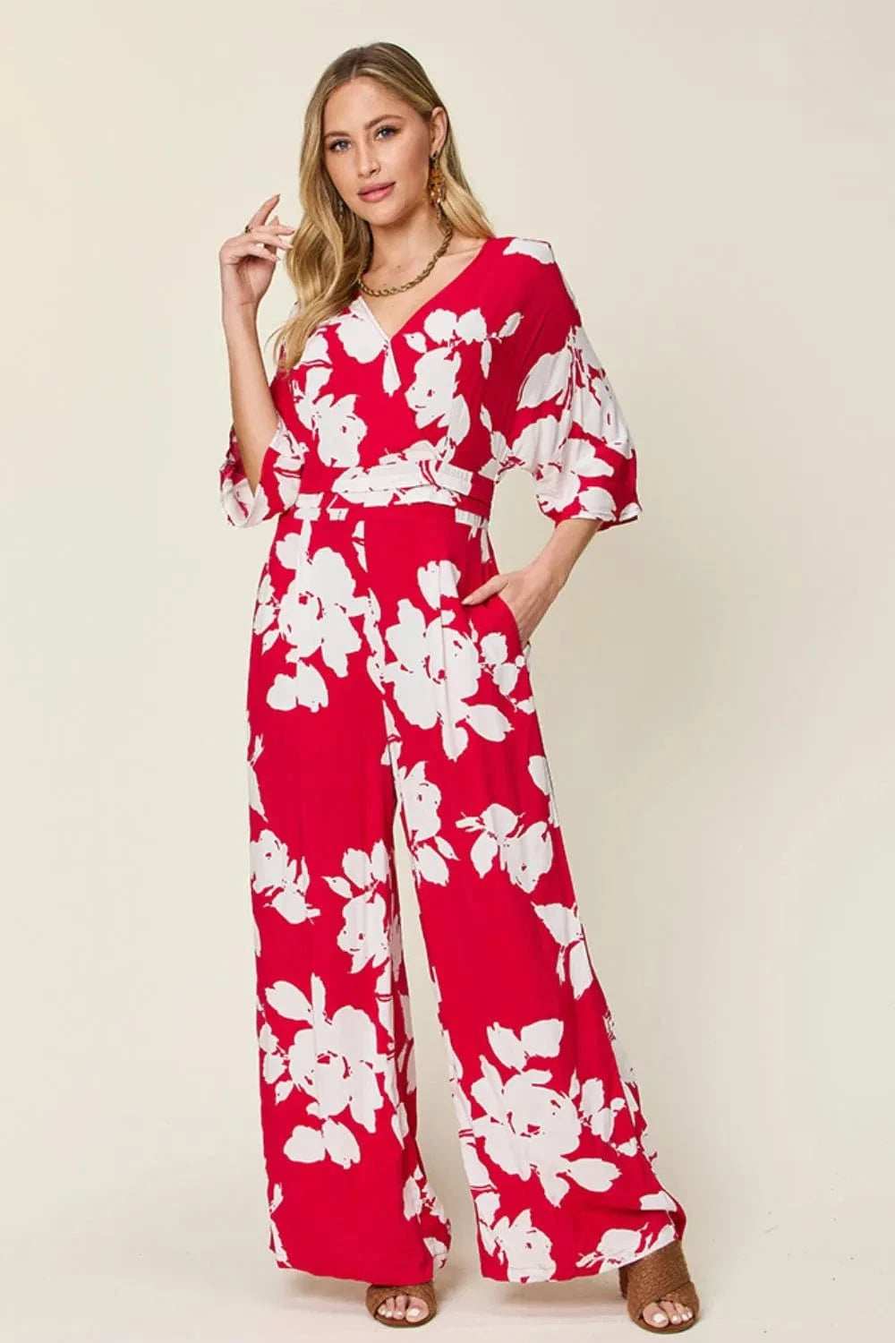 Double Take Full Size Printed Tie Back Wide Leg Jumpsuit - Trendsi - Flyclothing LLC