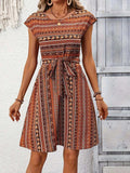 Printed Round Neck Cap Sleeve Dress - Trendsi - Flyclothing LLC