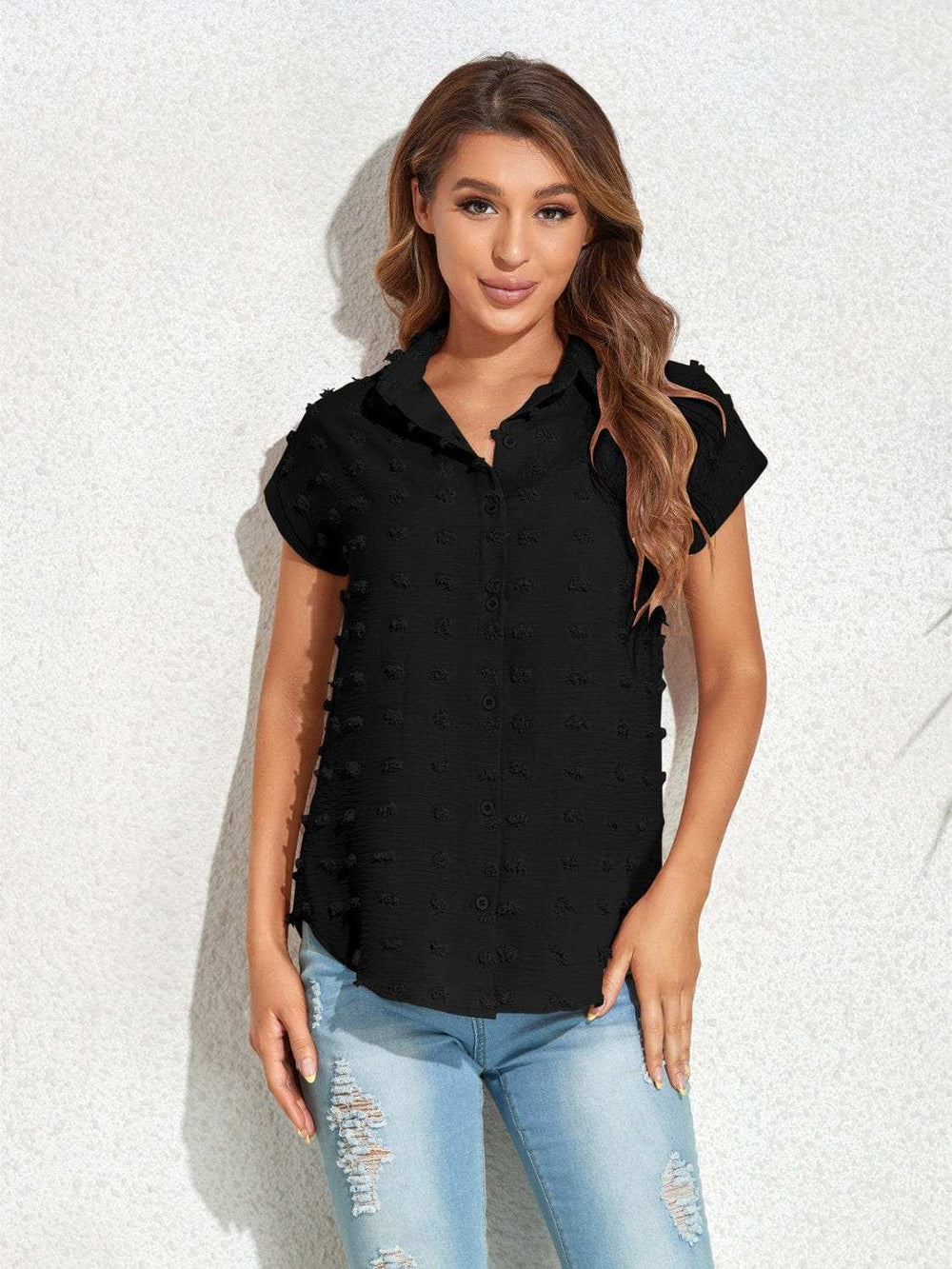 Swiss Dot Button Up Cap Sleeve Shirt - Trendsi - Flyclothing LLC