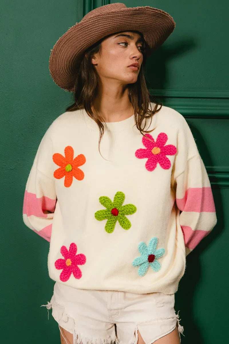 BiBi Colorful Floral Patched Sweater with Striped Sleeve - Trendsi - Flyclothing LLC