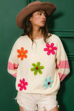 BiBi Colorful Floral Patched Sweater with Striped Sleeve - Trendsi - Flyclothing LLC