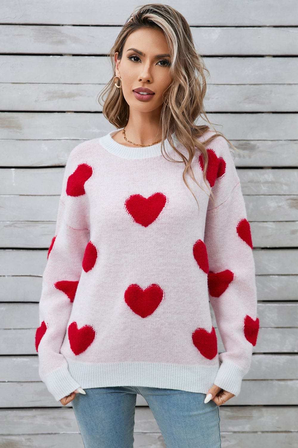 Angel Wings Heart Round Neck Long Sleeve Sweater - Trendsi - Flyclothing LLC