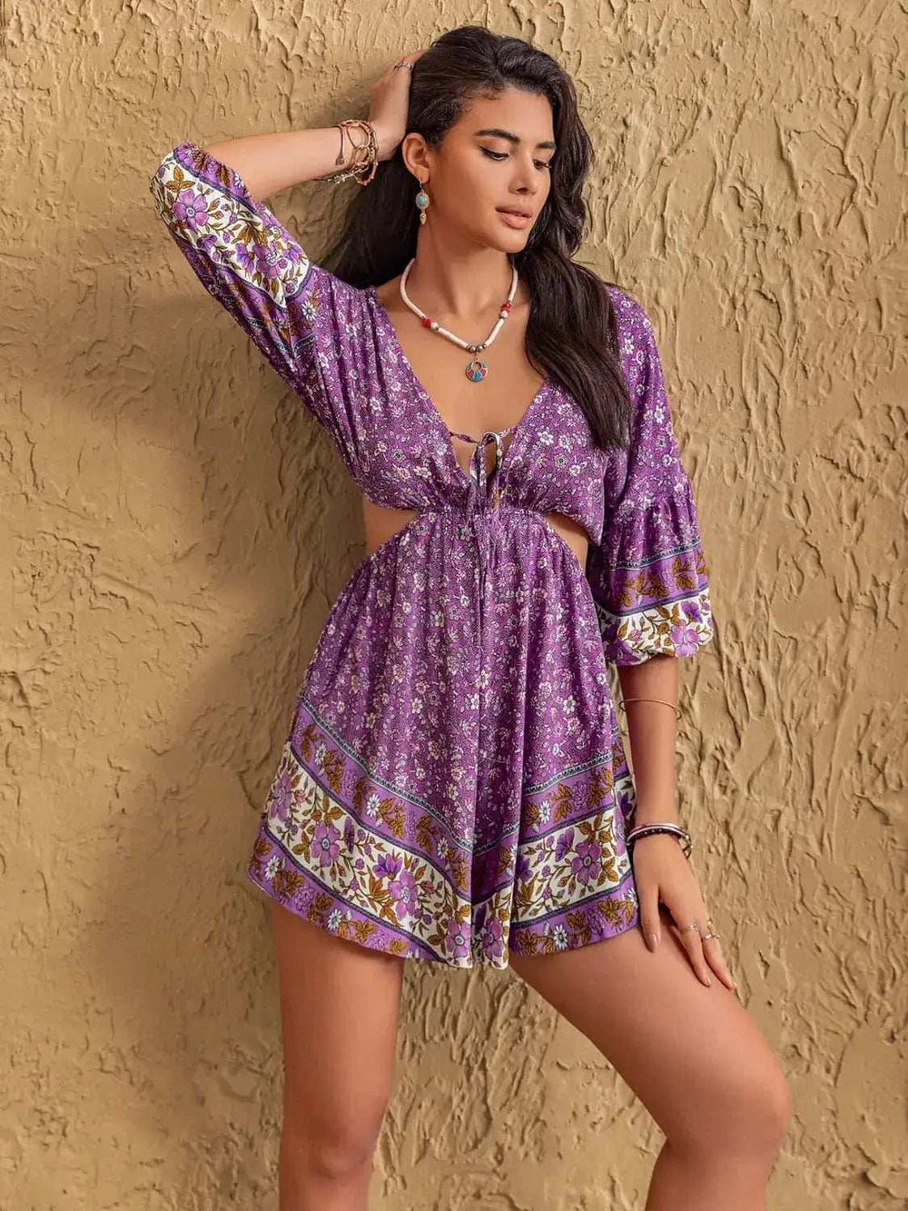 Tied Front Cutout Printed Romper - Trendsi - Flyclothing LLC