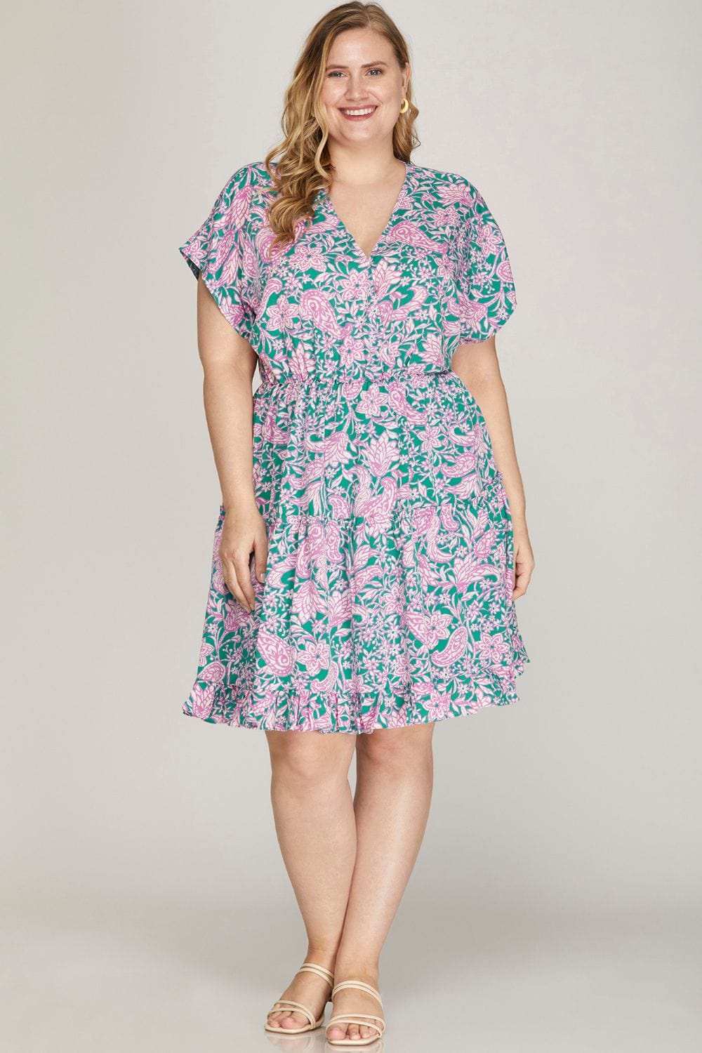 She + Sky Full Size Ruffled Hem Printed Surplice Kimono Sleeve Mini Dress Plus Size - Trendsi - Flyclothing LLC