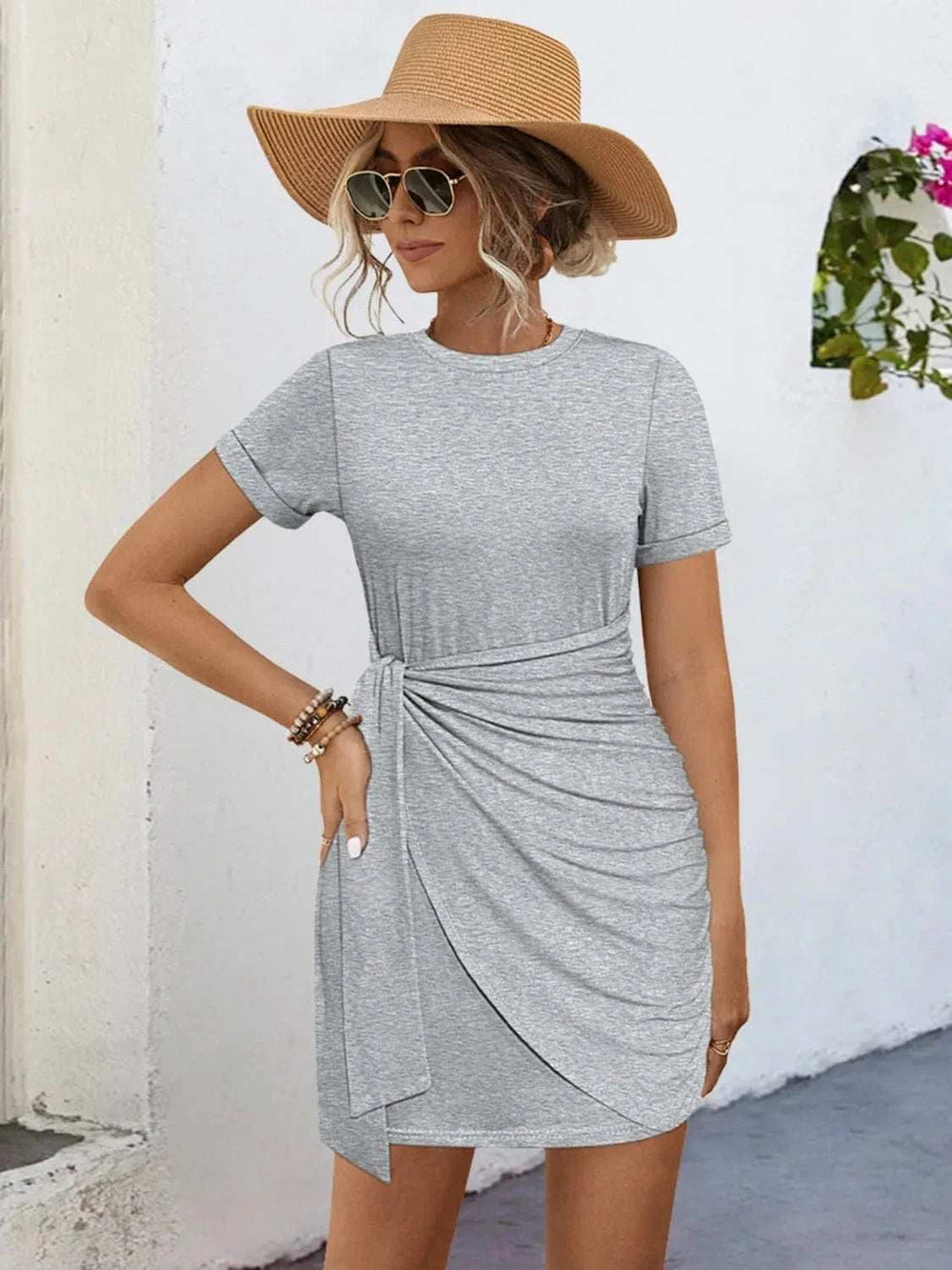 Round Neck Short Sleeve Mini Tee Dress - Trendsi - Flyclothing LLC
