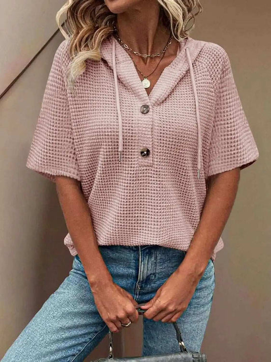 Waffle-Knit Hooded Short Sleeve Blouse - Trendsi - Flyclothing LLC