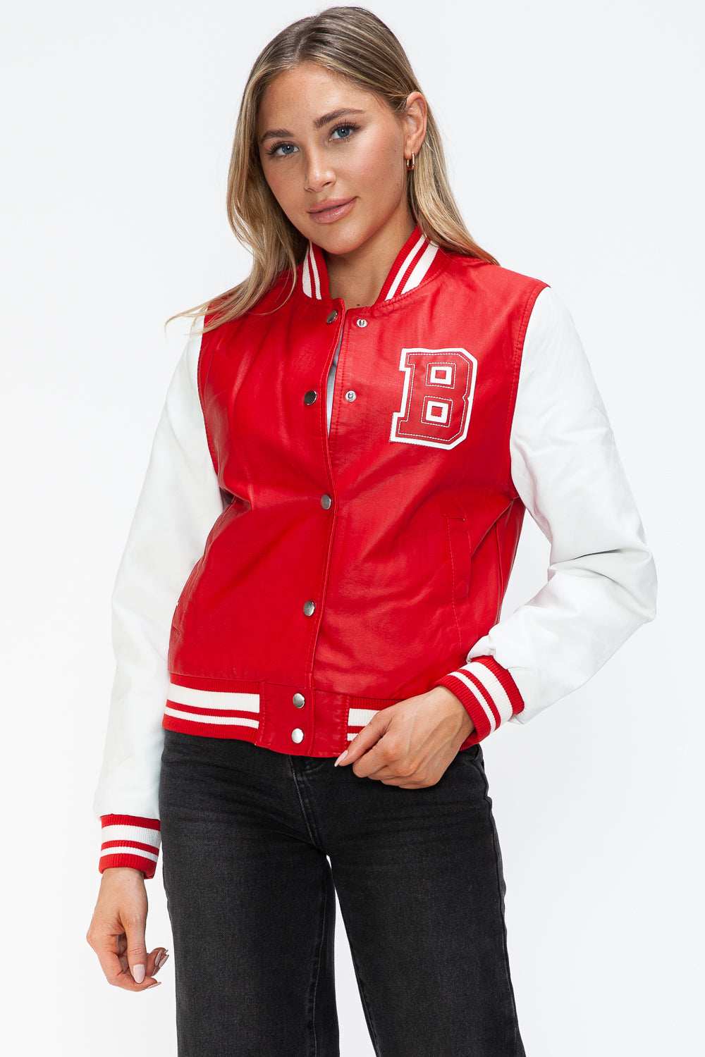 Love Me Now PU Leather Contrast Snap Down Bomber Jacket - Trendsi - Flyclothing LLC