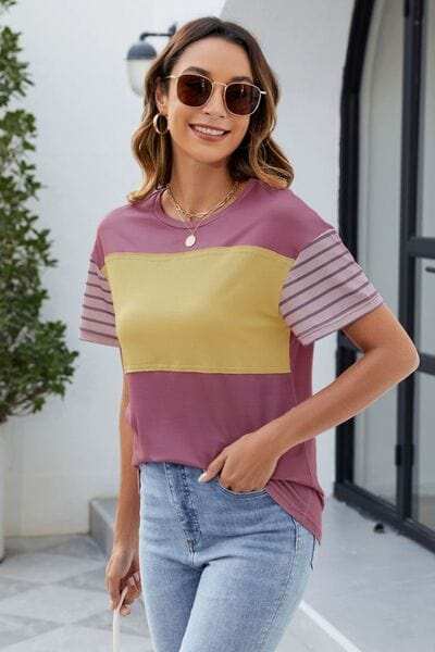 Color Block Round Neck Short Sleeve T-Shirt - Trendsi - Flyclothing LLC