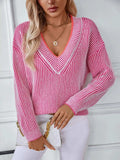 Striped V-Neck Long Sleeve Sweater - Trendsi - Flyclothing LLC