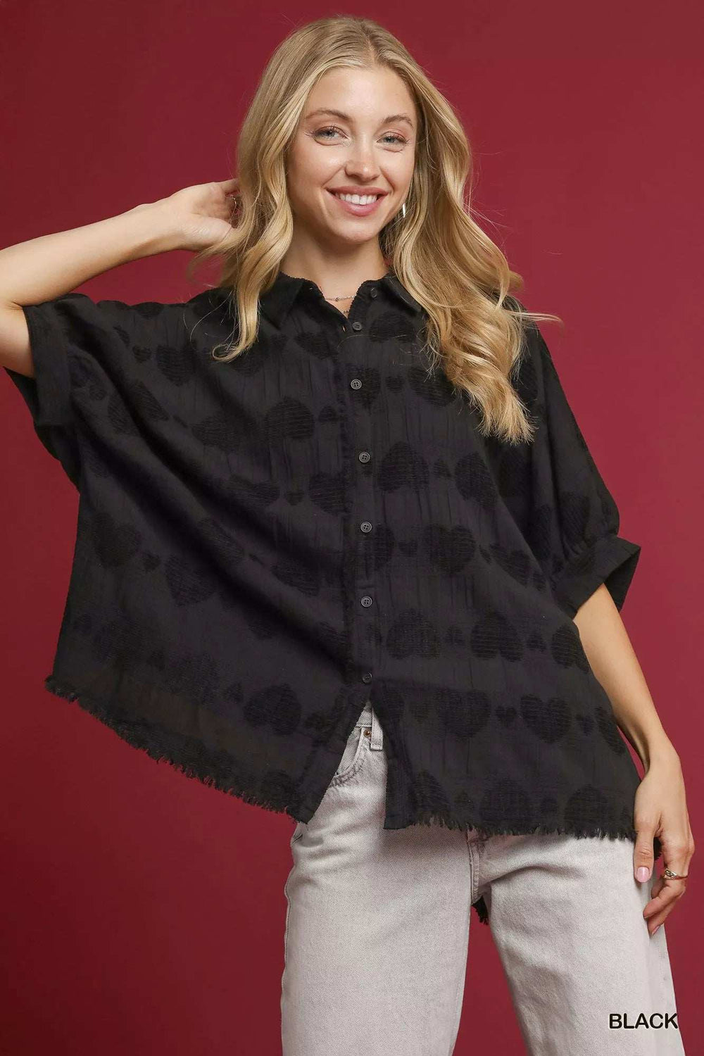 Umgee Jacquard Heart Collared Shirt - Trendsi - Flyclothing LLC