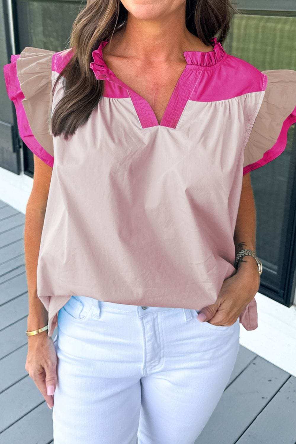 Color Block Notched Ruffled Cap Sleeve Blouse - Trendsi - Flyclothing LLC